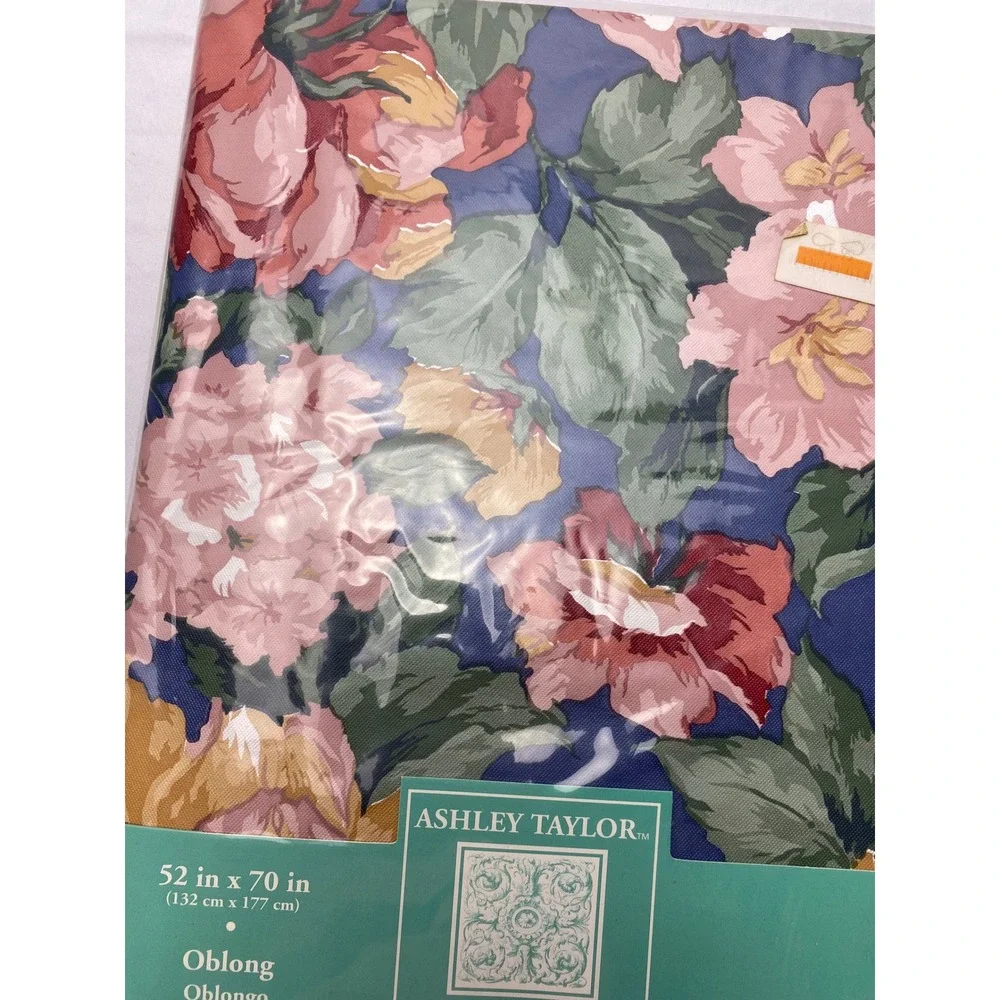 Ashley Taylor Concepts‎ Flannel Backed Vinyl Oblong Tablecloth Floral Blue 52x70